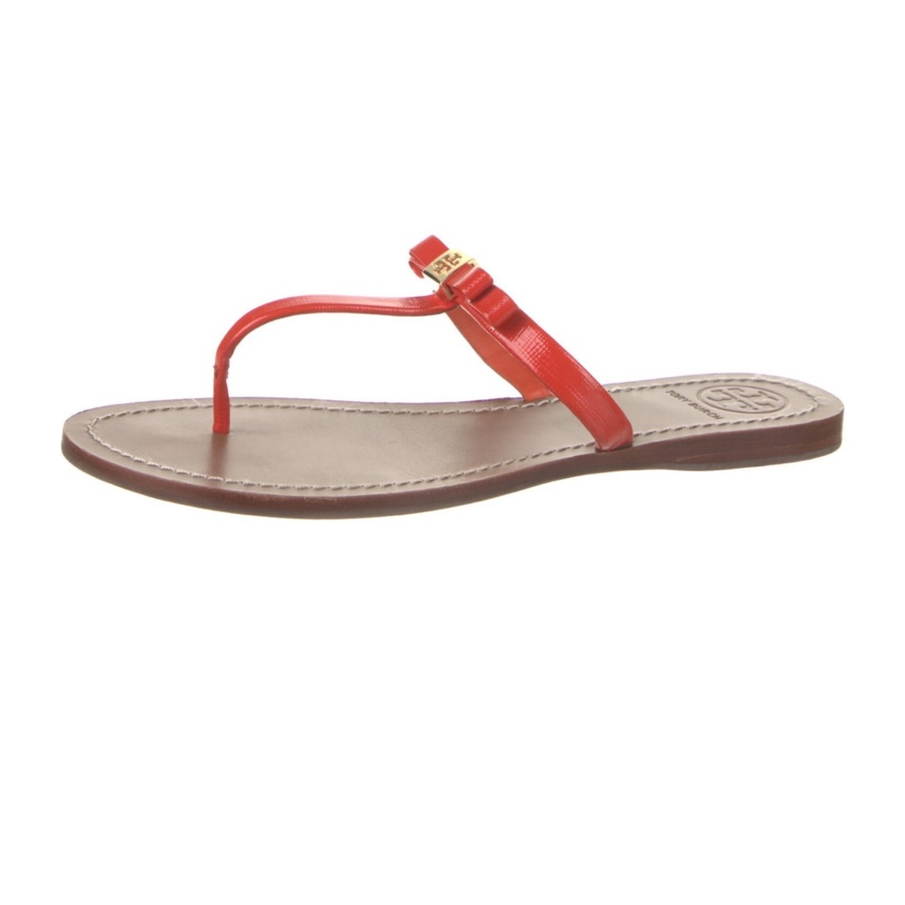TORY BURCH PATENT LEATHER BOW ACCENTS FLIP FLOP